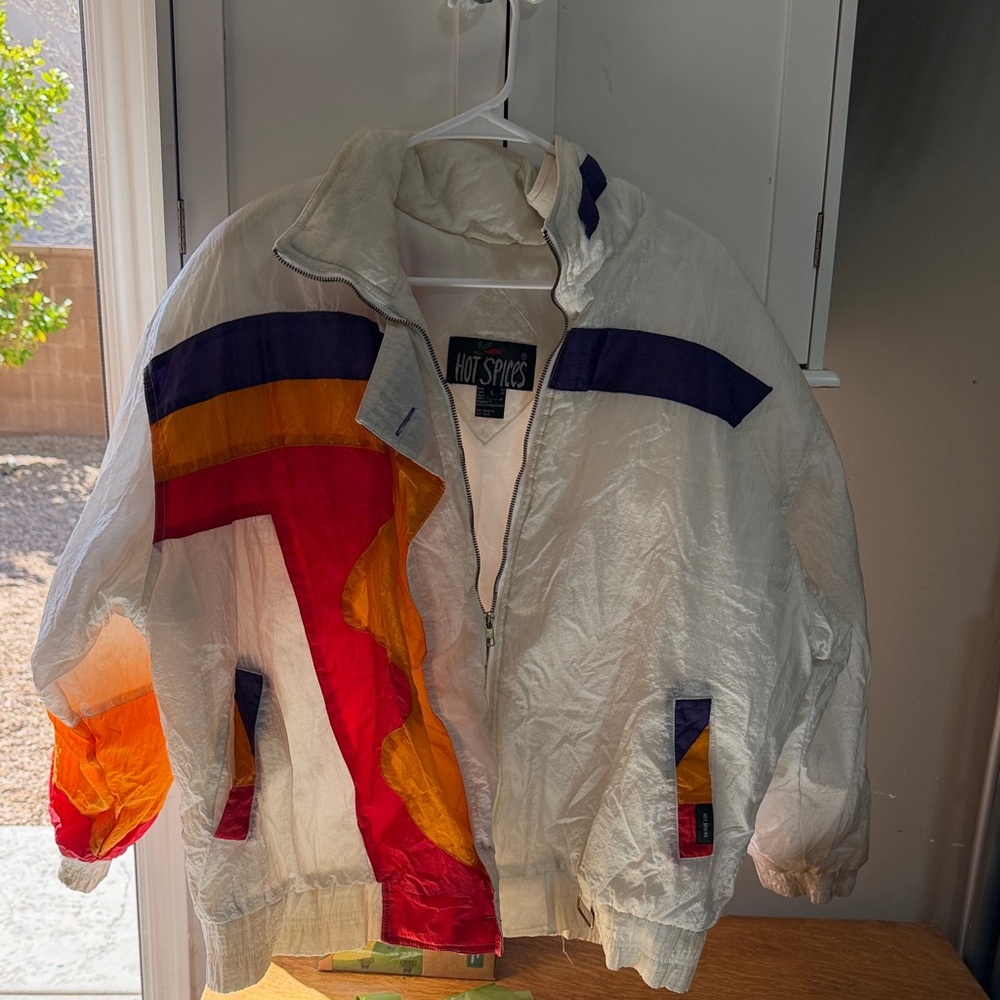 Vintage White Colorblock Puffer Jacket with Red, Orange & Purple Accents